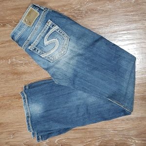 (27W/31L) Silver Jeans Co. Lola Distressed Faded Light Wash Bootcut Jeans
